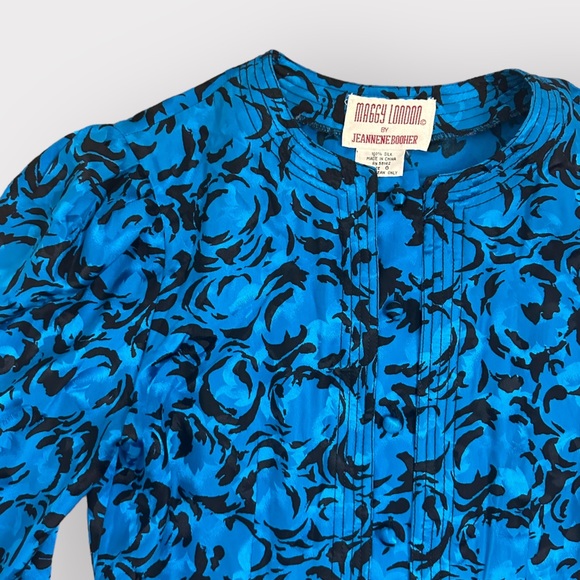 Vintage 1980s Maggy London by Jeannene Booher silk blue & black blouse - Picture 6 of 7